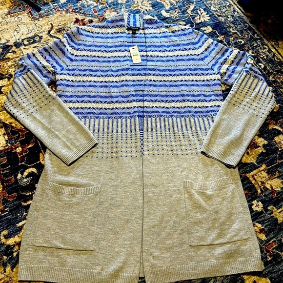 NWT TALBOTS WOMEN CARDIGAN SWEATER TOP BLUE SILVER WHITE SMALL LONG SLEEVE - Picture 3 of 8